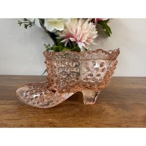 Vintage Pink Hobnail Glass Shoe Vase Slipper Planter Depression Style Decor